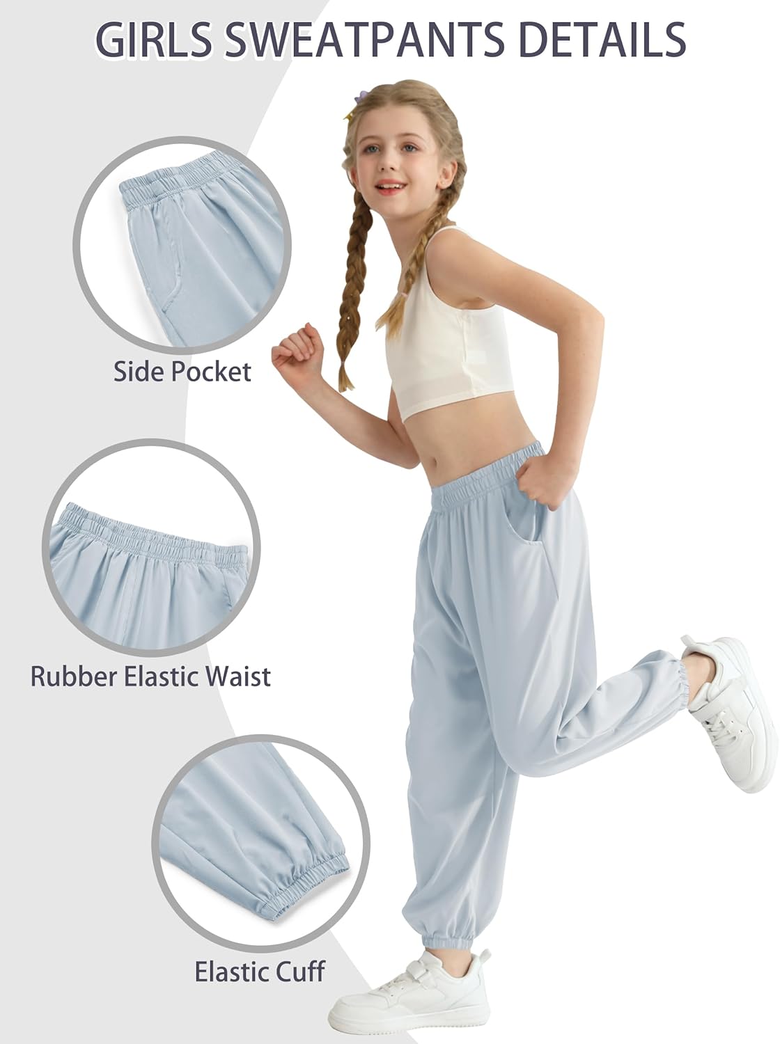 QBK 3T-14Years Girls Summer Lightweight Baggy Joggers with Pockets,Wide Leg Sweatpants Cinched Bottom Hip Hop Dance Pants