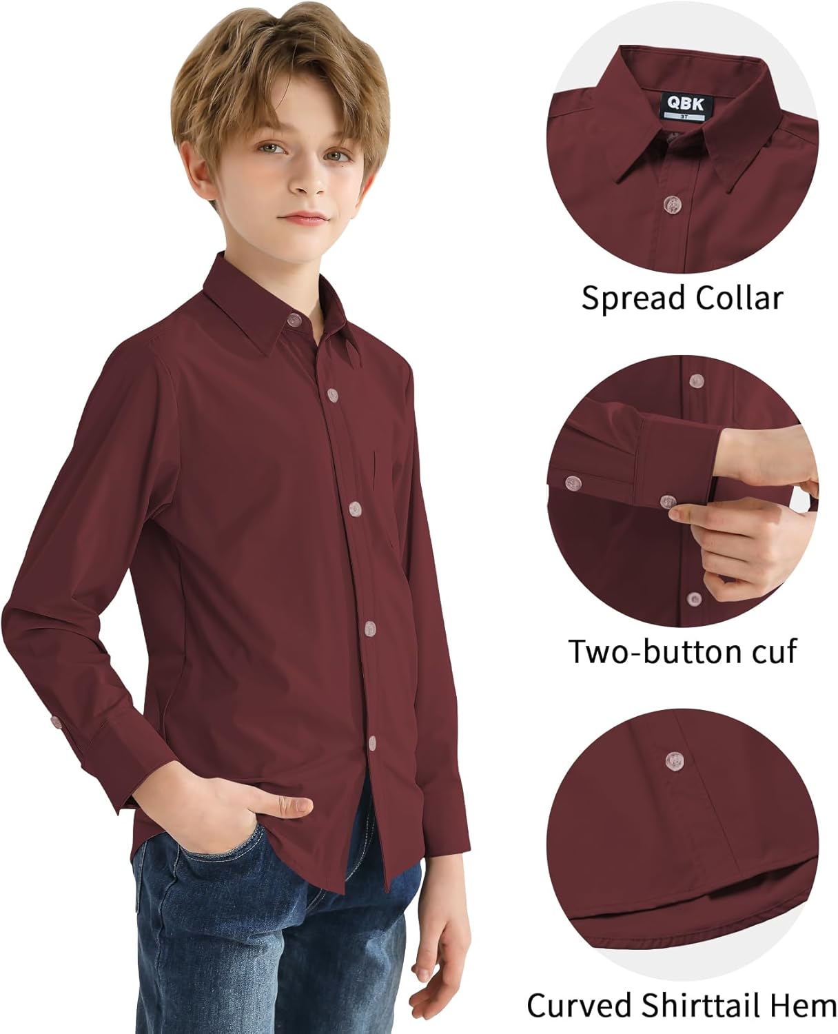2T-16Y Boys' Stretch Long Sleeve Button Down Toddler Dress Shirt Wrinkle Free Oxford Uniform Shirt with Chest Pocket