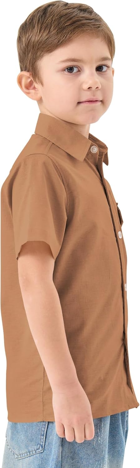 QBK Boys' Cotton Linen Short Sleeve Classic Button Down Shirts Boys Dress Shirt with Chest Pocket for 2T-16 Years