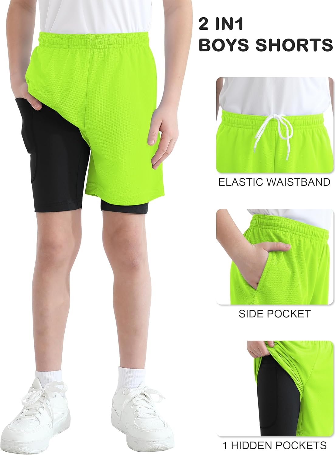 QBK Toddler to Youth Boys 2 in 1 Athletic Shorts Basketball Compression Shorts with Liner for Girls Soccer Running Sports