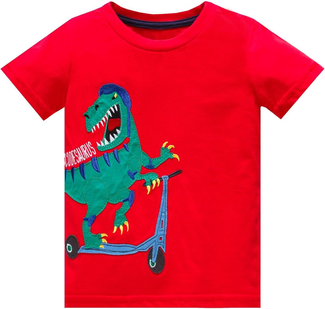 Huata Little Boys Short Sleeve Crew Neck T-Shirt Tops Tee (3T, Dinosaur) Red