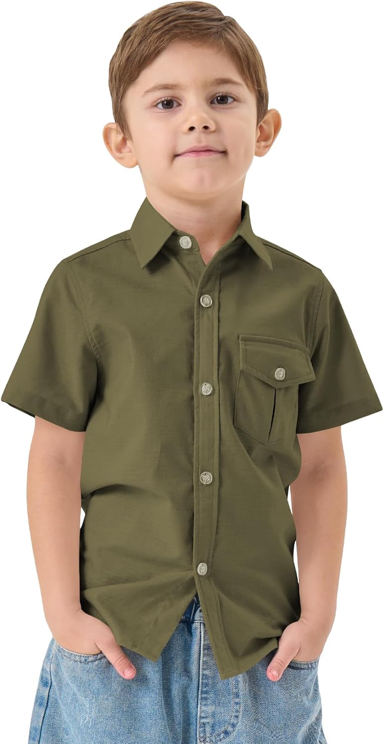 QBK Boys' Cotton Linen Short Sleeve Classic Button Down Shirts Boys Dress Shirt with Chest Pocket for 2T-16 Years