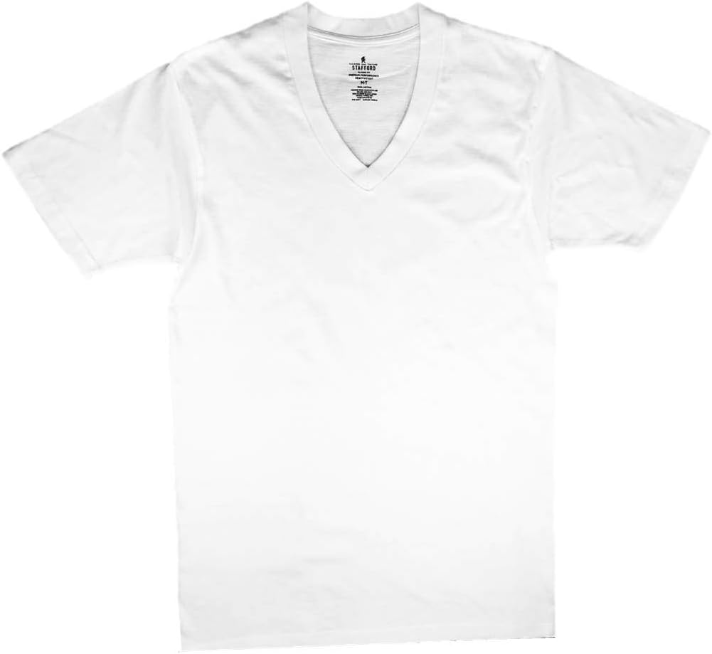 Stafford Men’s Tall/Extra Tall 100% Heavy Weight Cotton V-Neck Undershirt, White, Short Sleeve, 4 Pack (LT (Large Tall))