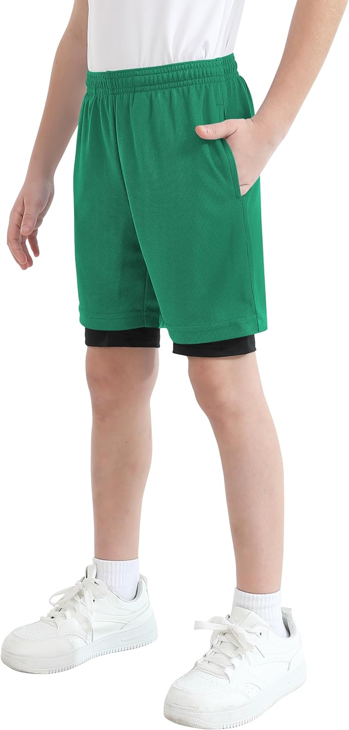 QBK Toddler to Youth Boys 2 in 1 Athletic Shorts Basketball Compression Shorts with Liner for Girls Soccer Running Sports