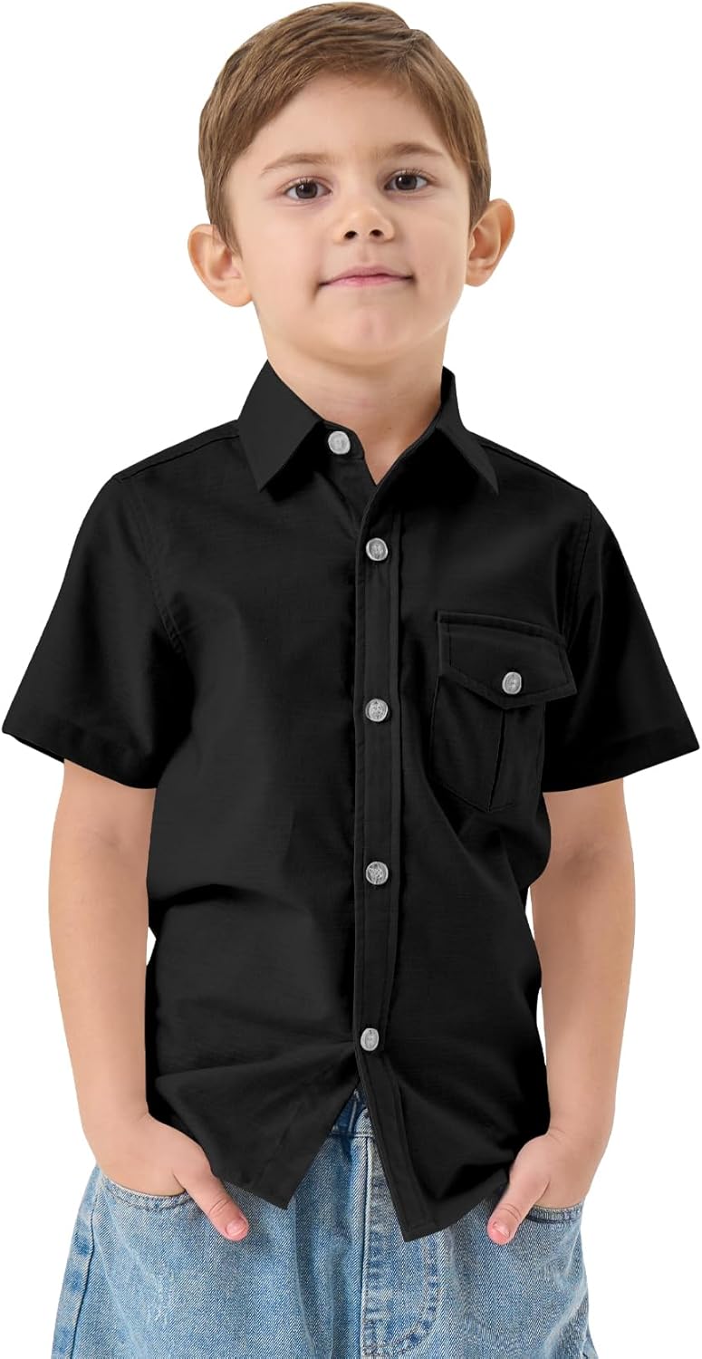 QBK Boys' Cotton Linen Short Sleeve Classic Button Down Shirts Boys Dress Shirt with Chest Pocket for 2T-16 Years