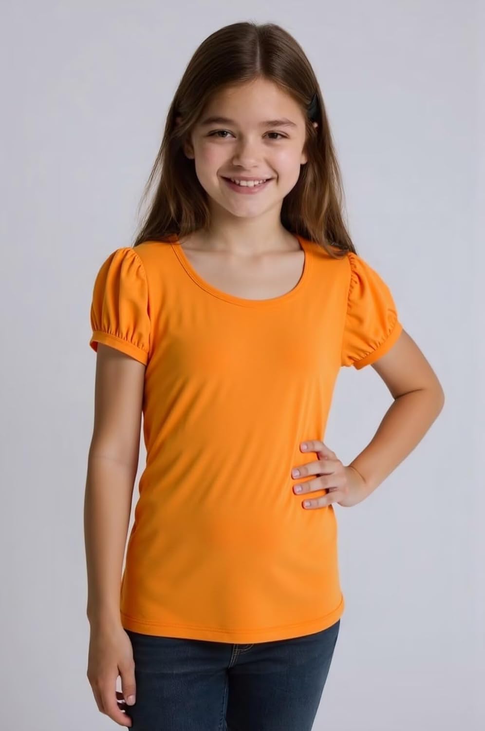 Huata Girls Short Puff Sleeve Tee Basic T-Shirt 2 Packs Crewneck