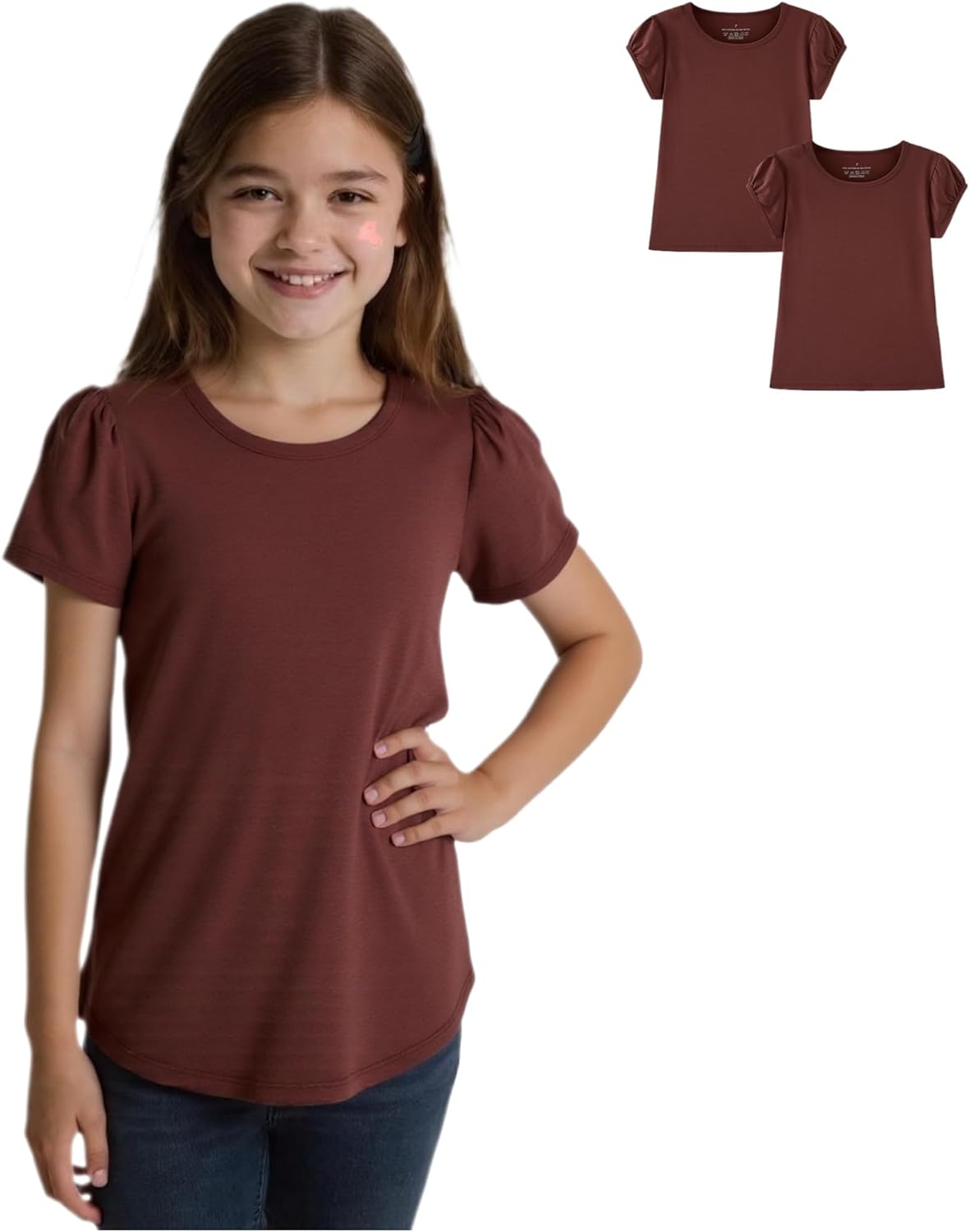 Huata Girls Short Puff Sleeve Tee Basic T-Shirt 2 Packs Crewneck