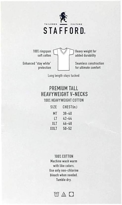 Stafford Men’s Tall/Extra Tall 100% Heavy Weight Cotton V-Neck Undershirt, White, Short Sleeve, 4 Pack (LT (Large Tall))