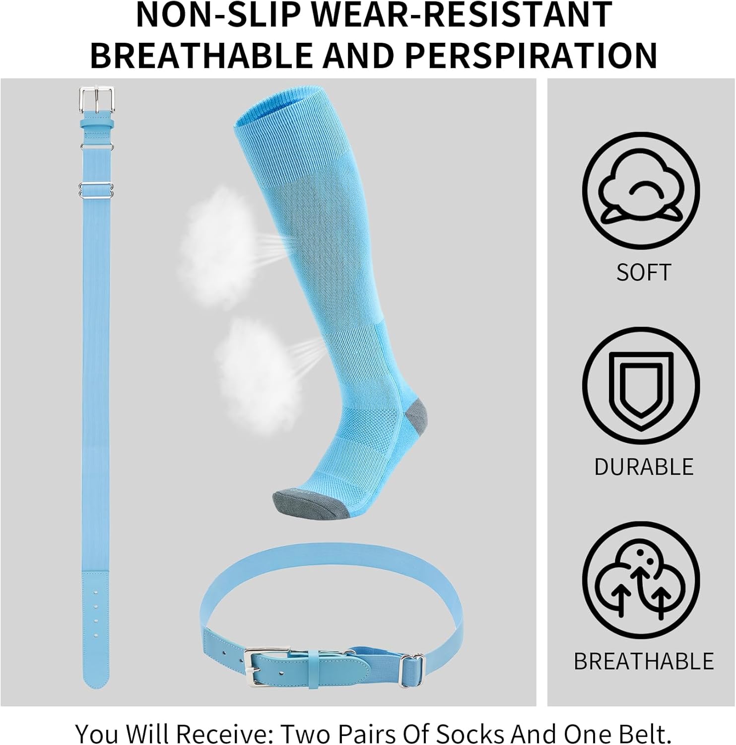 QBK 2-16Y Toddler Baseball Socks And Belt Youth Softball Tee Ball Combo Set for Boy Girl (2 Pairs of Socks & 1 Belt)