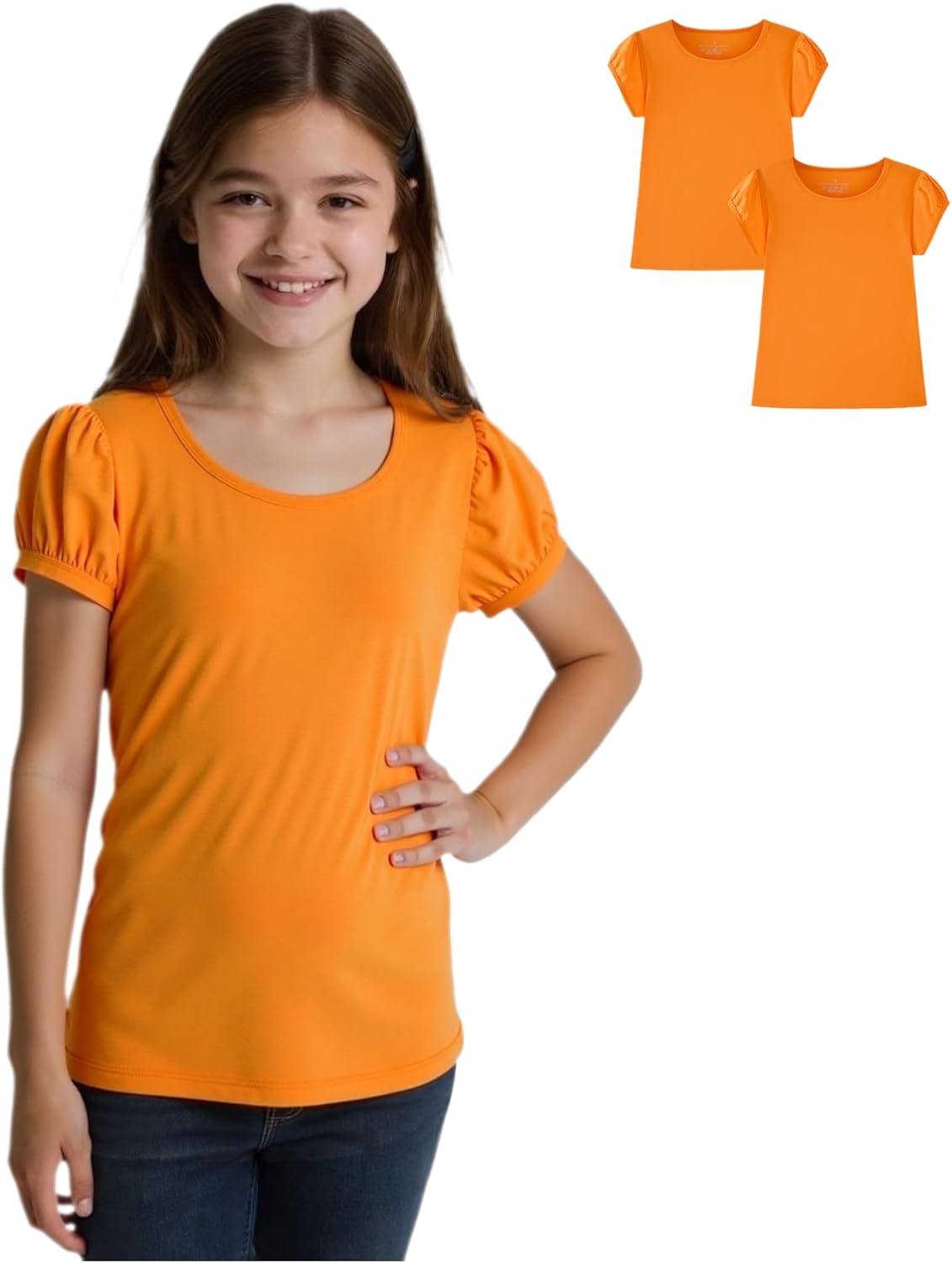Huata Girls Short Puff Sleeve Tee Basic T-Shirt 2 Packs Crewneck