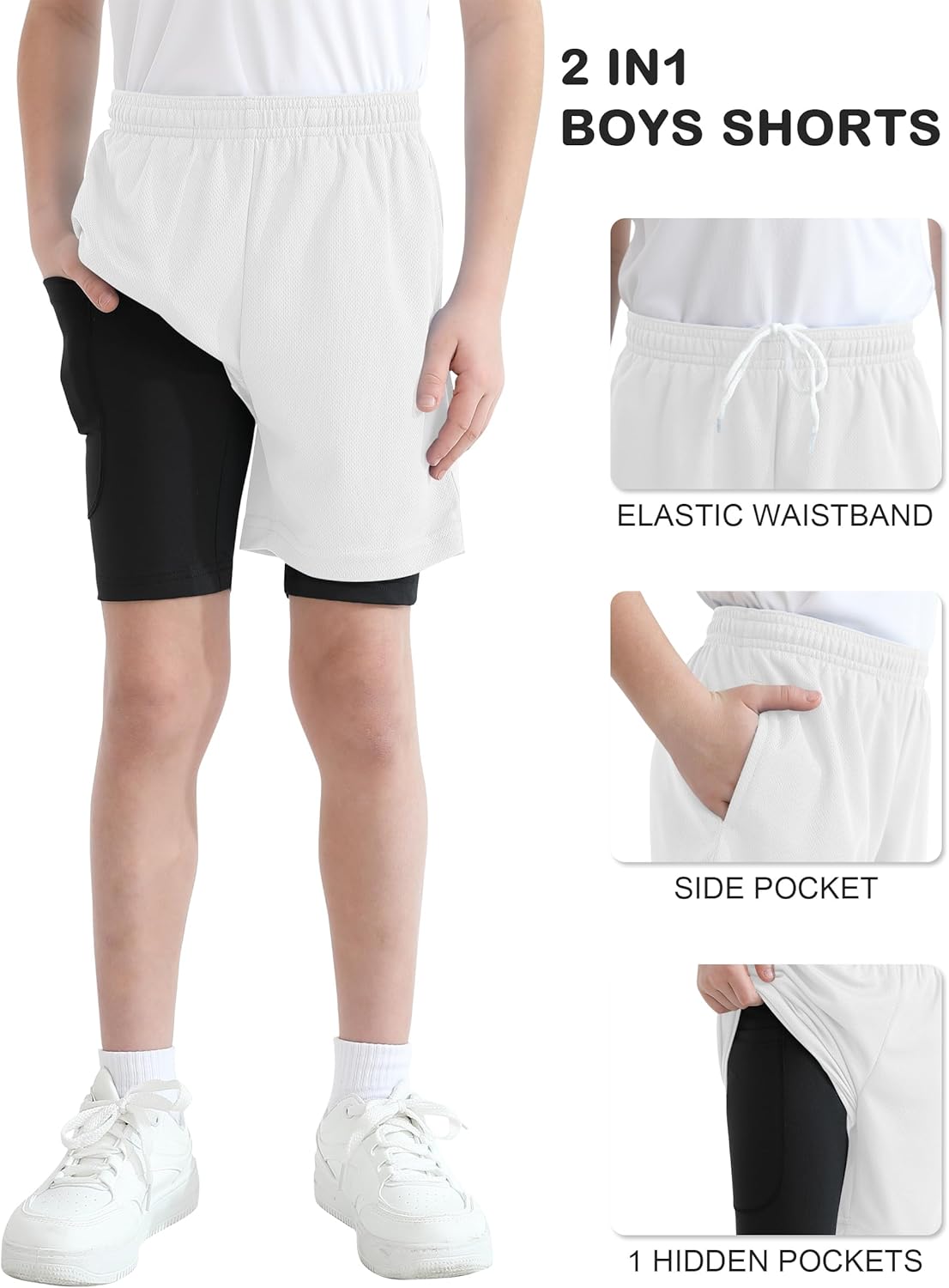 QBK Toddler to Youth Boys 2 in 1 Athletic Shorts Basketball Compression Shorts with Liner for Girls Soccer Running Sports