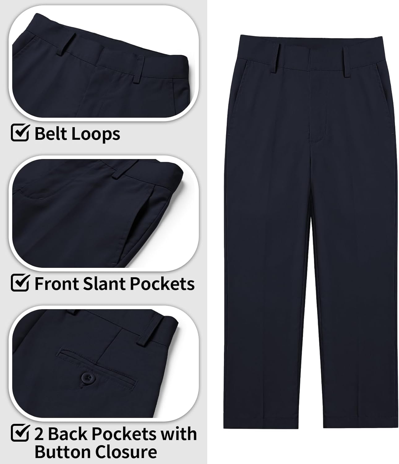 QBK Boys Flat Front Dress Pants Uniform Pants Adjustable Waistband for Toddler to Youth with Pockets