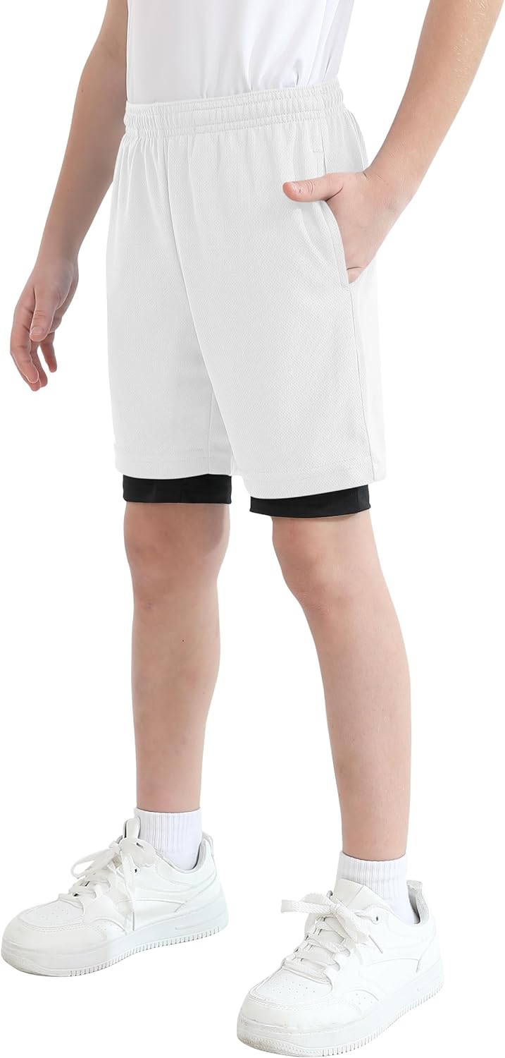 QBK Toddler to Youth Boys 2 in 1 Athletic Shorts Basketball Compression Shorts with Liner for Girls Soccer Running Sports