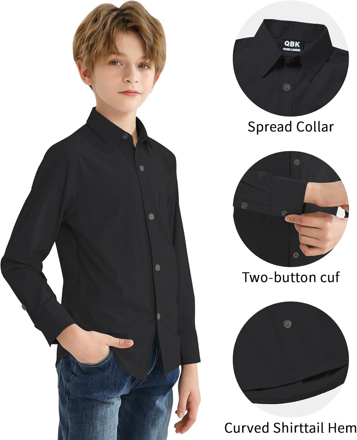 2T-16Y Boys' Stretch Long Sleeve Button Down Toddler Dress Shirt Wrinkle Free Oxford Uniform Shirt with Chest Pocket