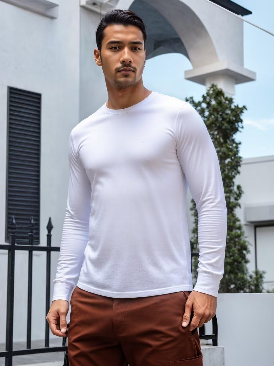 Huata Men's T-Shirt Long Sleeve Crewneck Cotton Tees