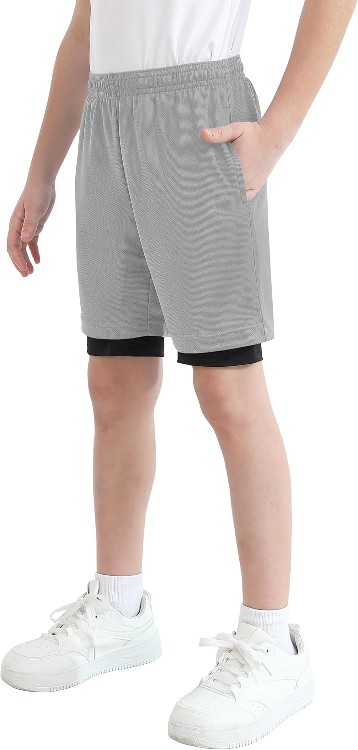 QBK Toddler to Youth Boys 2 in 1 Athletic Shorts Basketball Compression Shorts with Liner for Girls Soccer Running Sports