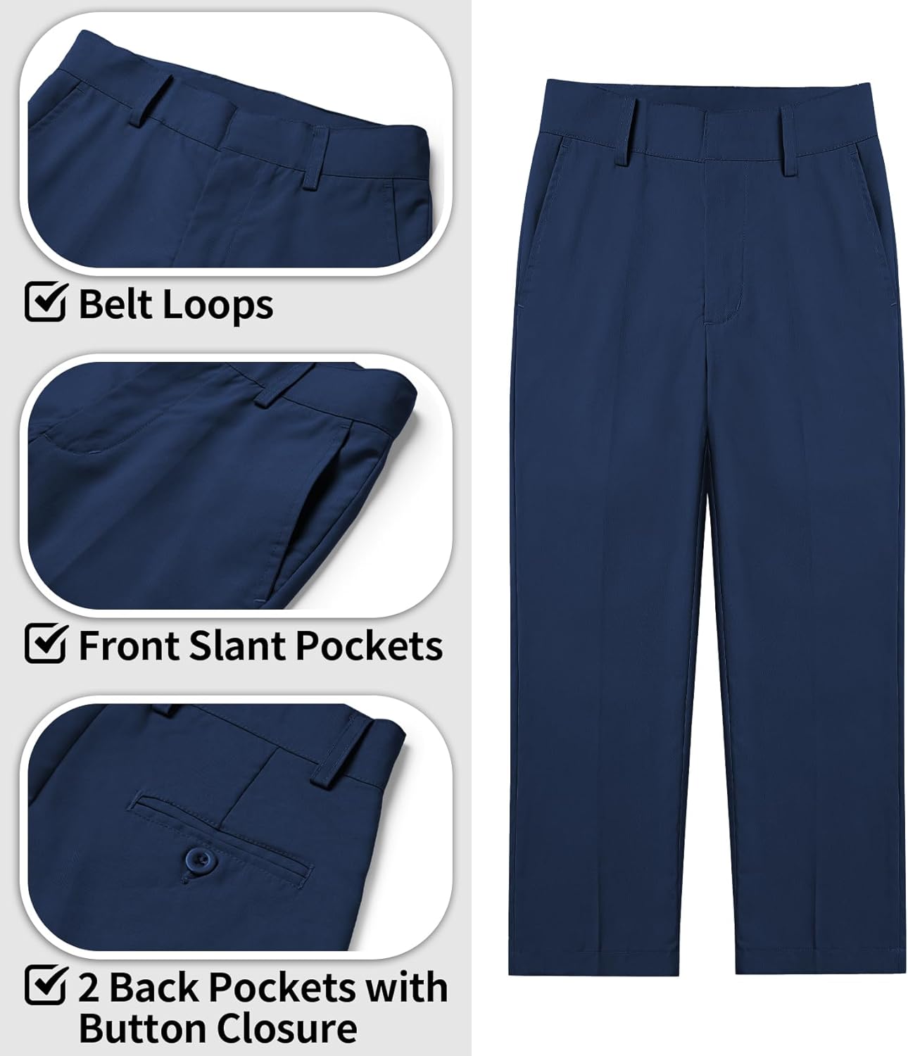 QBK Boys Flat Front Dress Pants Uniform Pants Adjustable Waistband for Toddler to Youth with Pockets