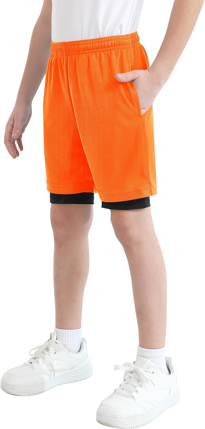 QBK Toddler to Youth Boys 2 in 1 Athletic Shorts Basketball Compression Shorts with Liner for Girls Soccer Running Sports
