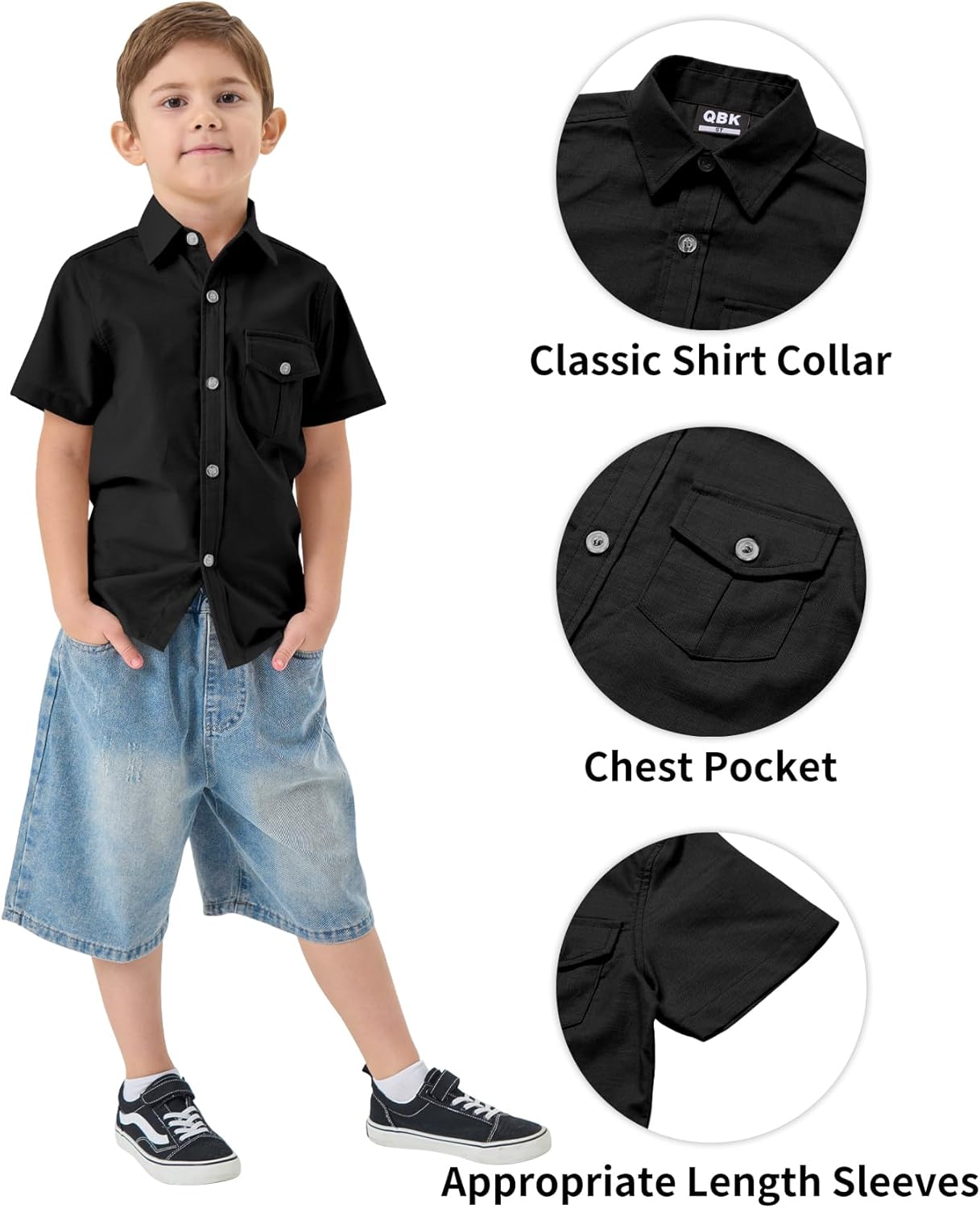 QBK Boys' Cotton Linen Short Sleeve Classic Button Down Shirts Boys Dress Shirt with Chest Pocket for 2T-16 Years