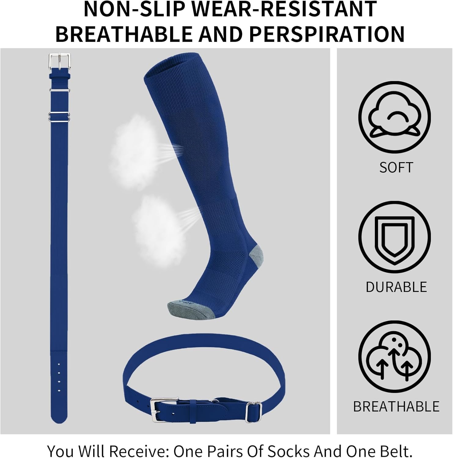 QBK Youth Baseball Socks & Belt Combo Set for Kids 2-16 Years -Softball/Tee Ball Accessories (1 Pair + 1 Belt, Unisex)