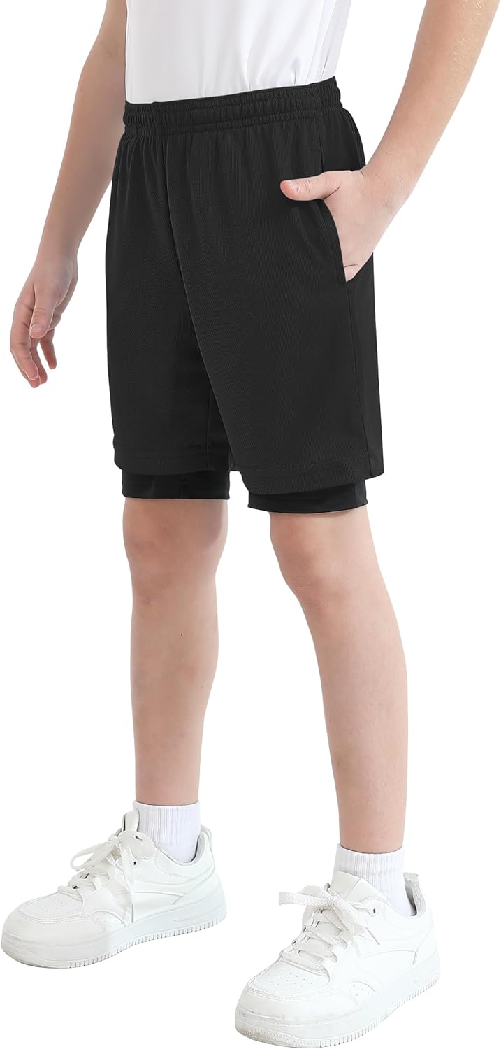 QBK Toddler to Youth Boys 2 in 1 Athletic Shorts Basketball Compression Shorts with Liner for Girls Soccer Running Sports