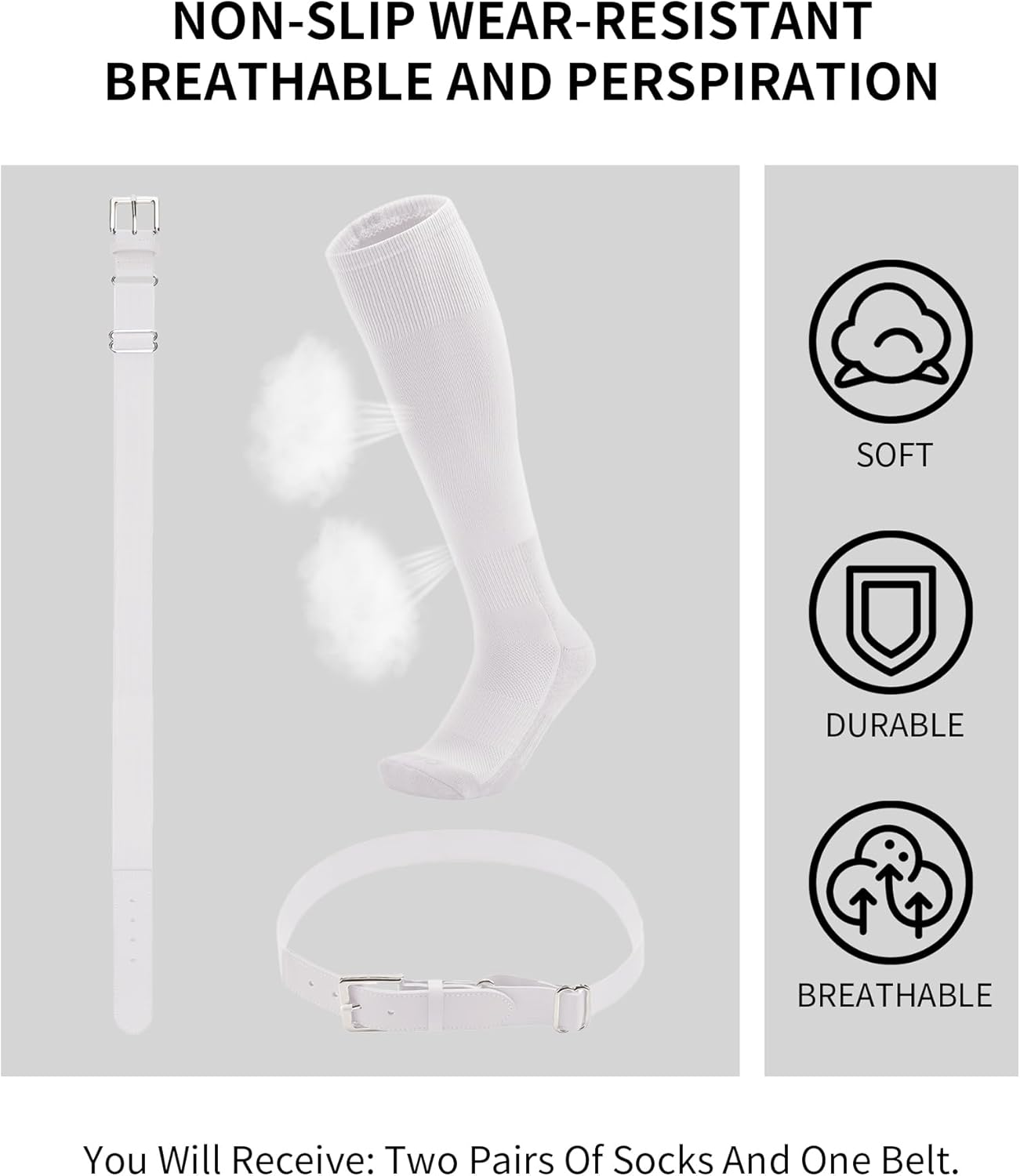 QBK Toddler Baseball Socks And Belt Youth Softball Tee Ball Combo Set for Boy Girl (2 Pairs of Socks & 1 Belt)