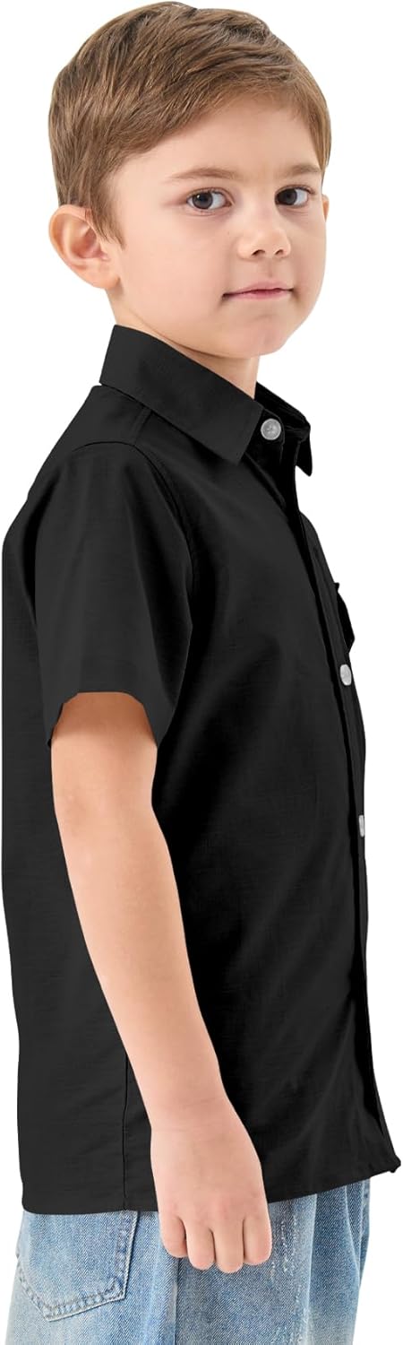 QBK Boys' Cotton Linen Short Sleeve Classic Button Down Shirts Boys Dress Shirt with Chest Pocket for 2T-16 Years