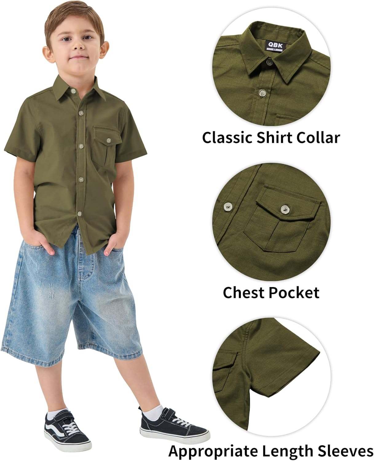 QBK Boys' Cotton Linen Short Sleeve Classic Button Down Shirts Boys Dress Shirt with Chest Pocket for 2T-16 Years