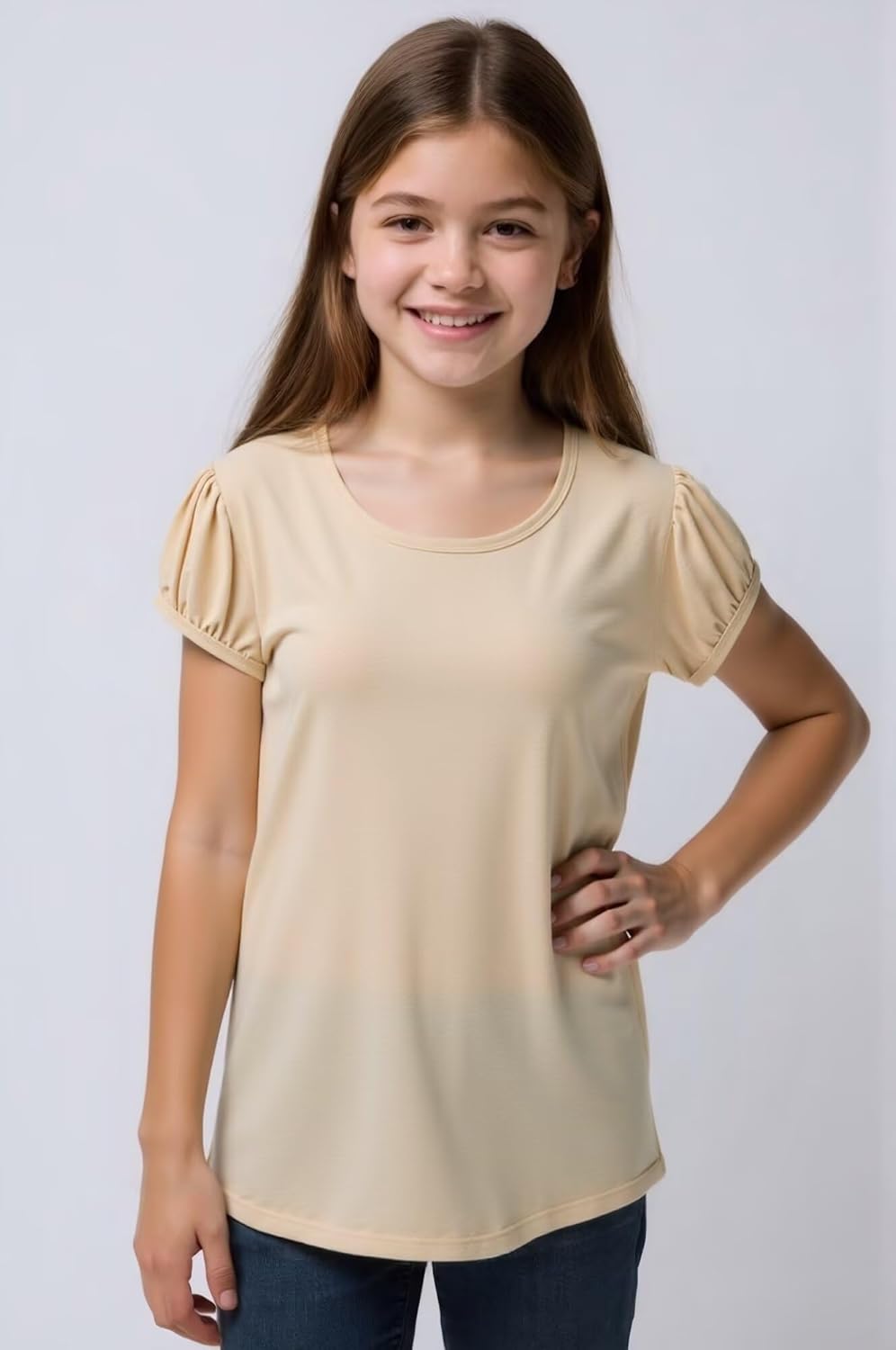 Huata Girls Short Puff Sleeve Tee Basic T-Shirt 2 Packs Crewneck