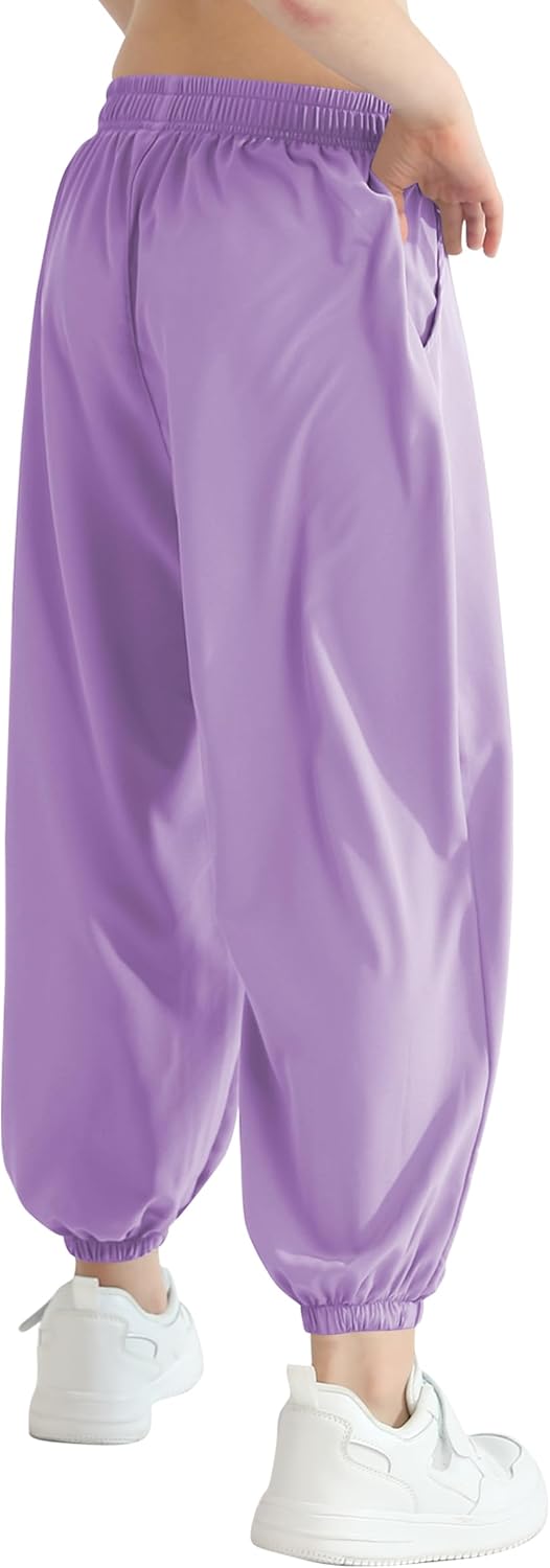 QBK 3T-14Years Girls Summer Lightweight Baggy Joggers with Pockets,Wide Leg Sweatpants Cinched Bottom Hip Hop Dance Pants