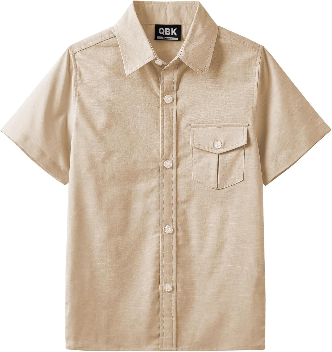 QBK Boys' Cotton Linen Short Sleeve Classic Button Down Shirts Boys Dress Shirt with Chest Pocket for 2T-16 Years