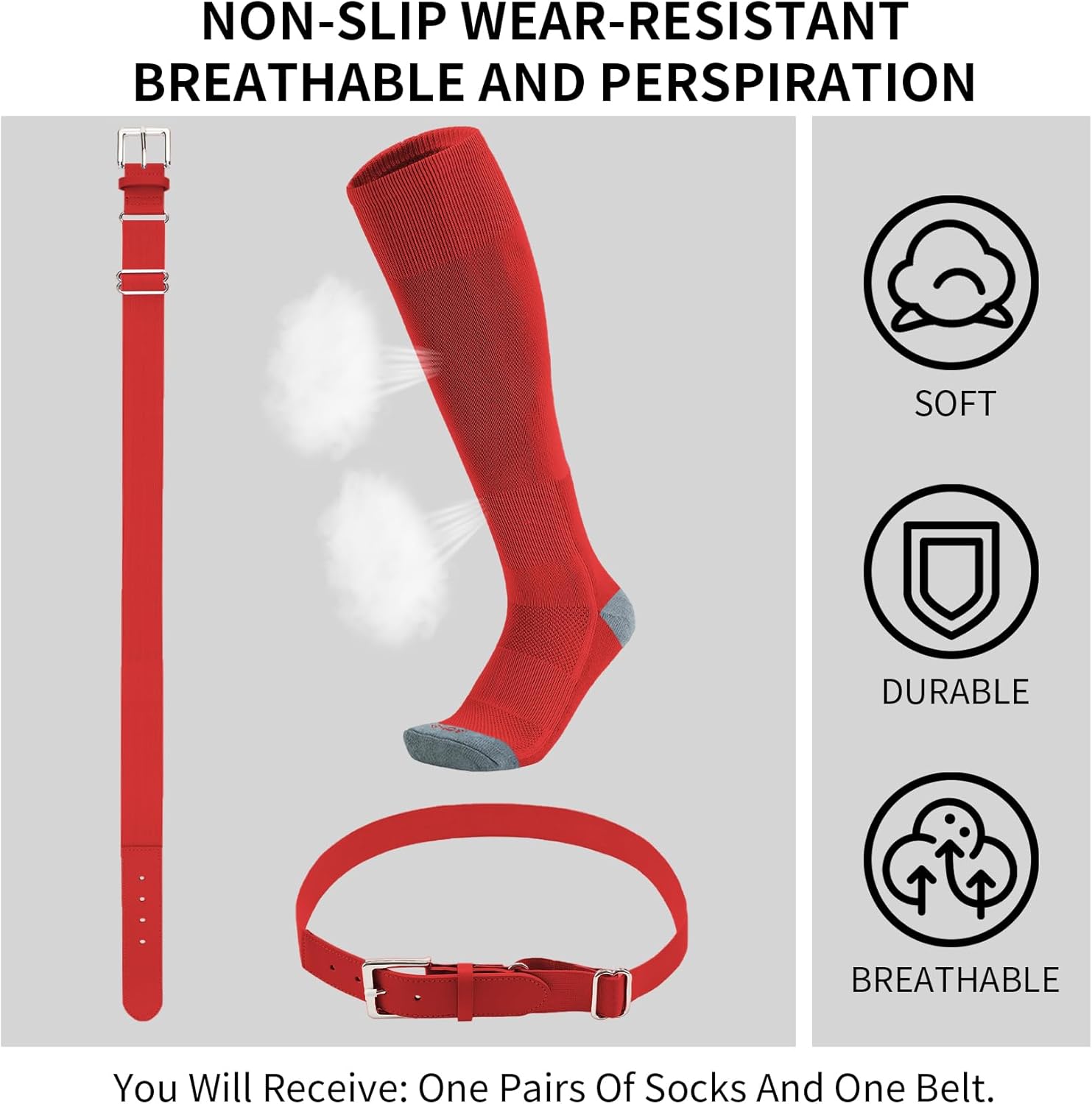 QBK Youth Baseball Socks & Belt Combo Set for Kids 2-16 Years -Softball/Tee Ball Accessories (1 Pair + 1 Belt, Unisex)