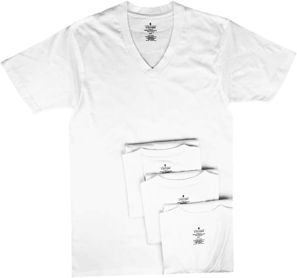 Stafford Men’s Tall/Extra Tall 100% Heavy Weight Cotton V-Neck Undershirt, White, Short Sleeve, 4 Pack (LT (Large Tall))