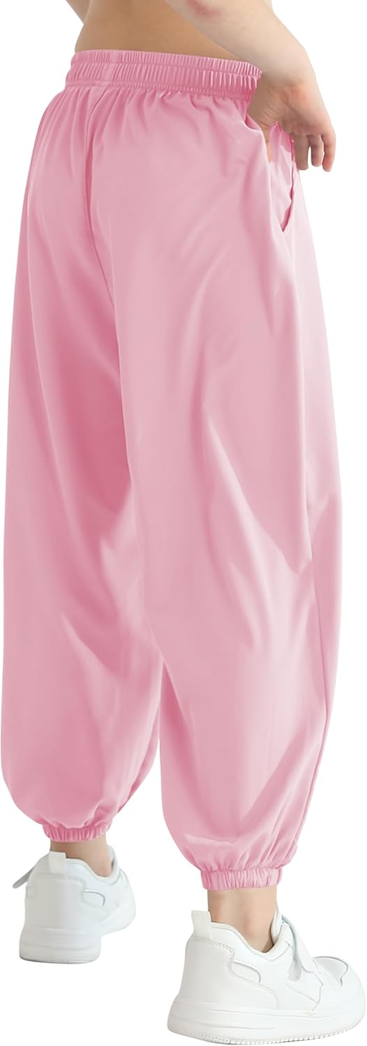 QBK 3T-14Years Girls Summer Lightweight Baggy Joggers with Pockets,Wide Leg Sweatpants Cinched Bottom Hip Hop Dance Pants