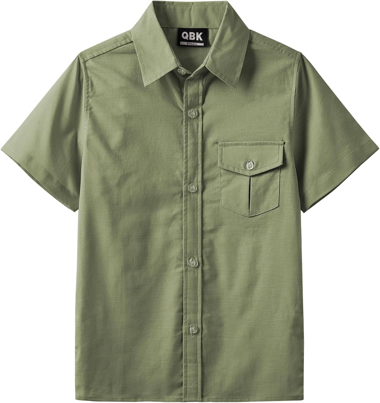 QBK Boys' Cotton Linen Short Sleeve Classic Button Down Shirts Boys Dress Shirt with Chest Pocket for 2T-16 Years