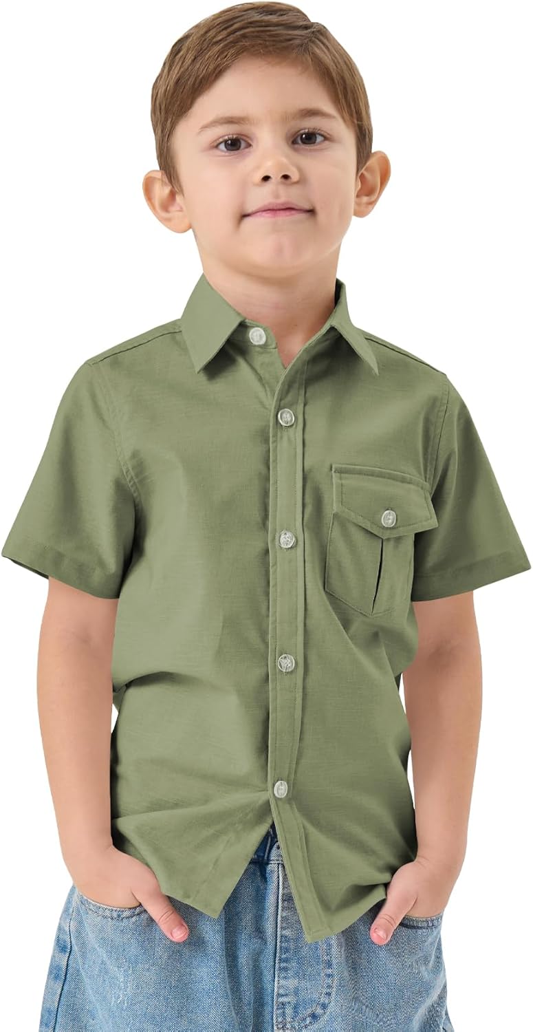 QBK Boys' Cotton Linen Short Sleeve Classic Button Down Shirts Boys Dress Shirt with Chest Pocket for 2T-16 Years