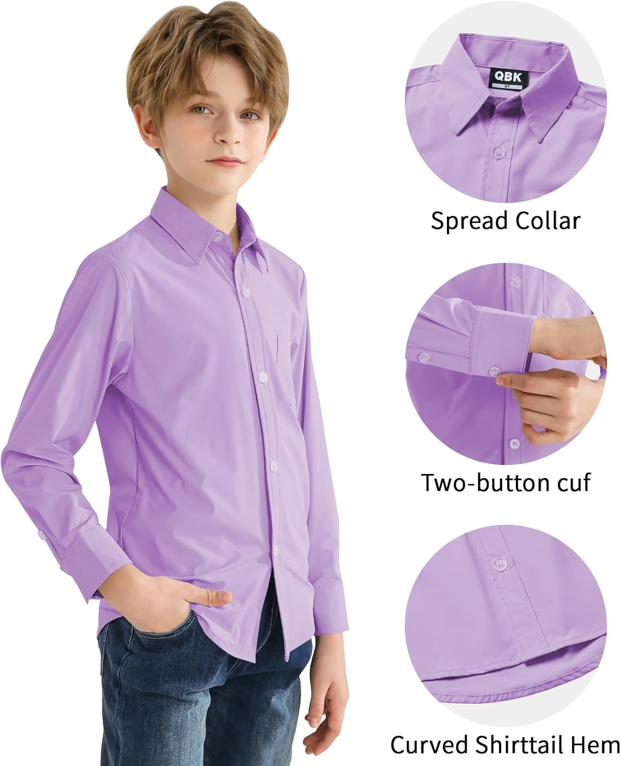 2T-16Y Boys' Stretch Long Sleeve Button Down Toddler Dress Shirt Wrinkle Free Oxford Uniform Shirt with Chest Pocket