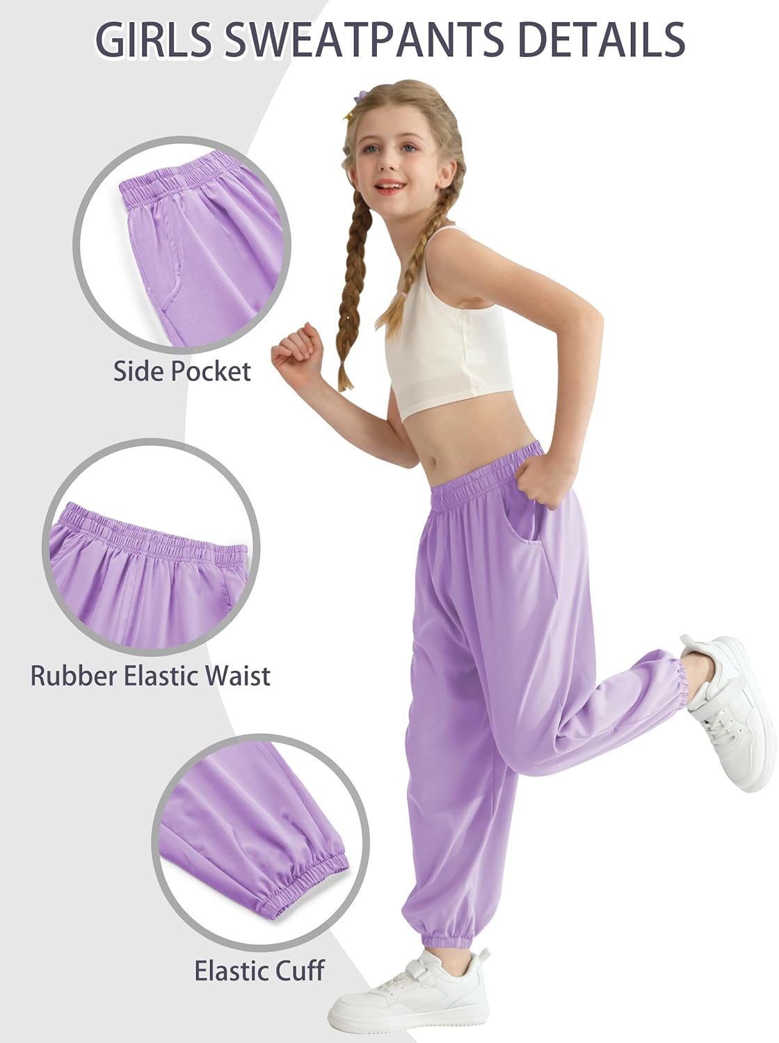 QBK 3T-14Years Girls Summer Lightweight Baggy Joggers with Pockets,Wide Leg Sweatpants Cinched Bottom Hip Hop Dance Pants