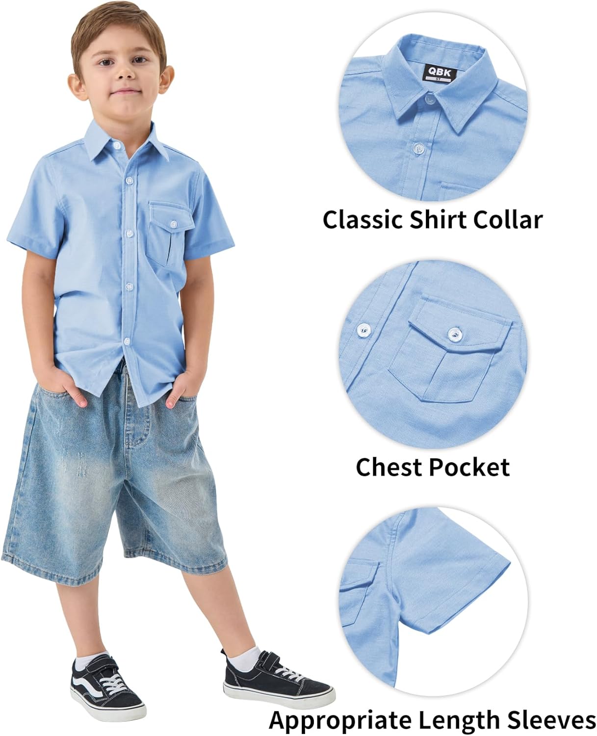 QBK Boys' Cotton Linen Short Sleeve Classic Button Down Shirts Boys Dress Shirt with Chest Pocket for 2T-16 Years