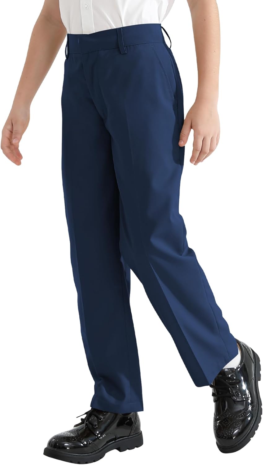 QBK Boys Flat Front Dress Pants Uniform Pants Adjustable Waistband for Toddler to Youth with Pockets