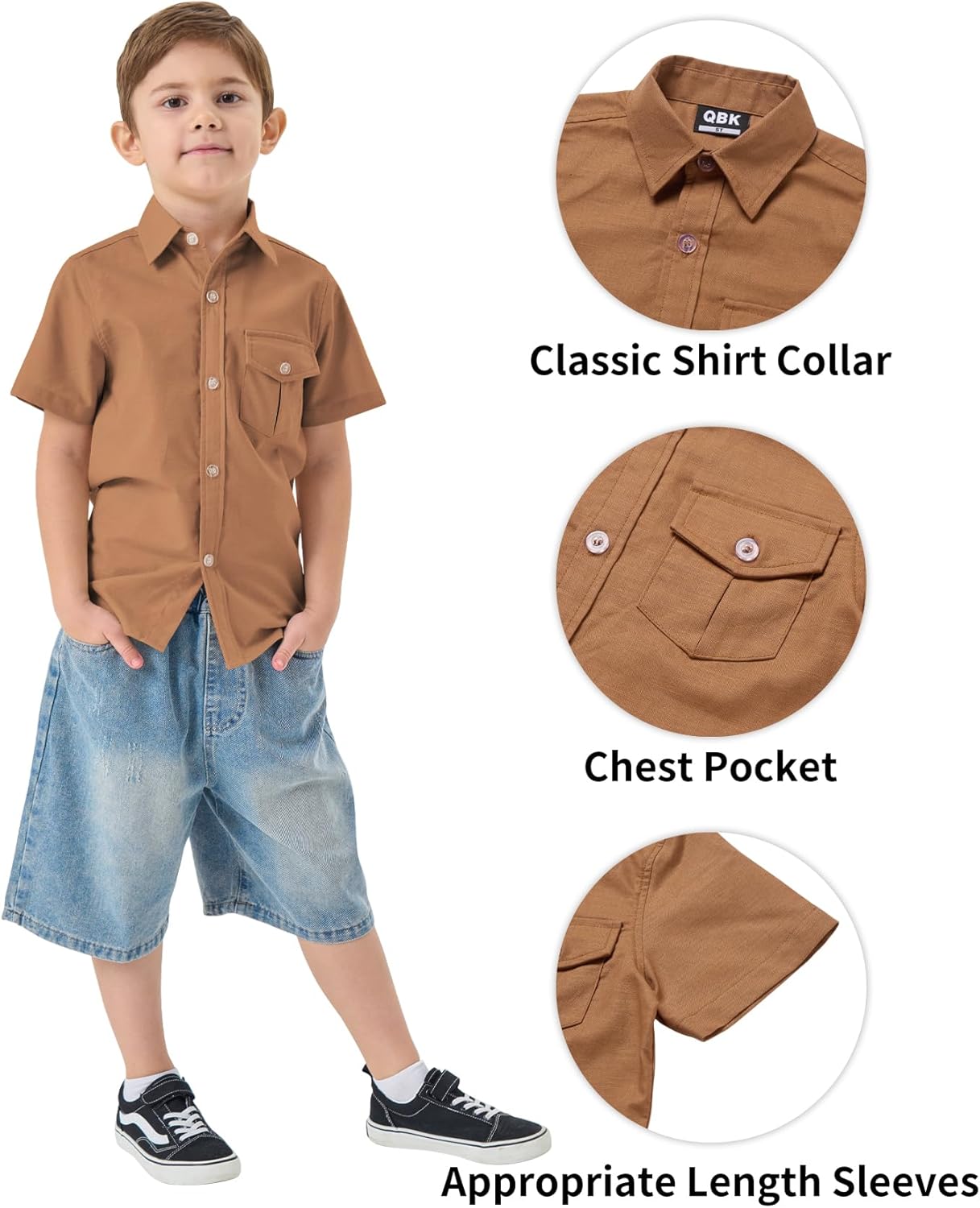 QBK Boys' Cotton Linen Short Sleeve Classic Button Down Shirts Boys Dress Shirt with Chest Pocket for 2T-16 Years