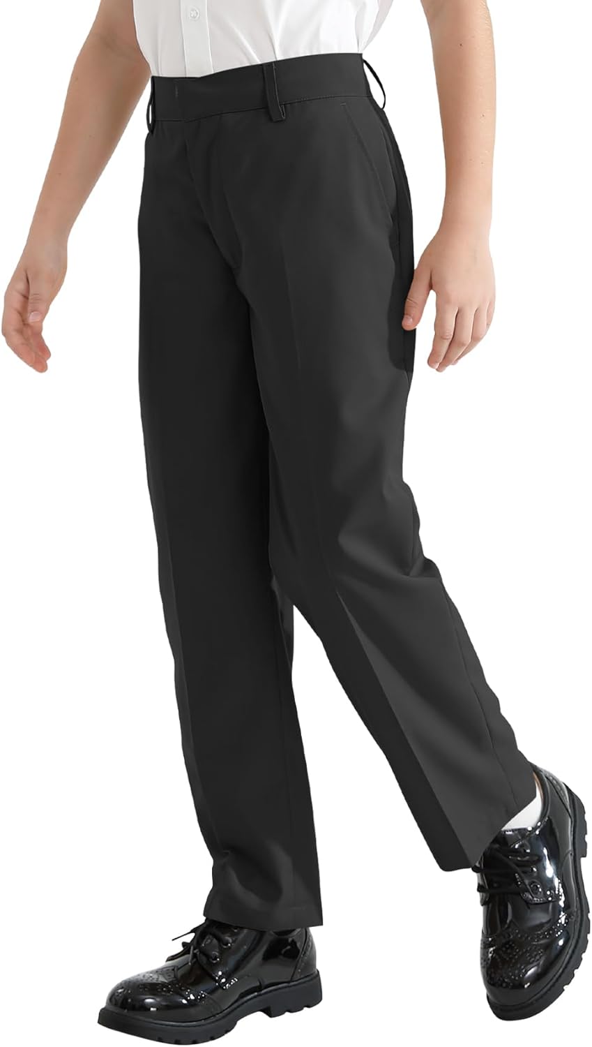 QBK Boys Flat Front Dress Pants Uniform Pants Adjustable Waistband for Toddler to Youth with Pockets