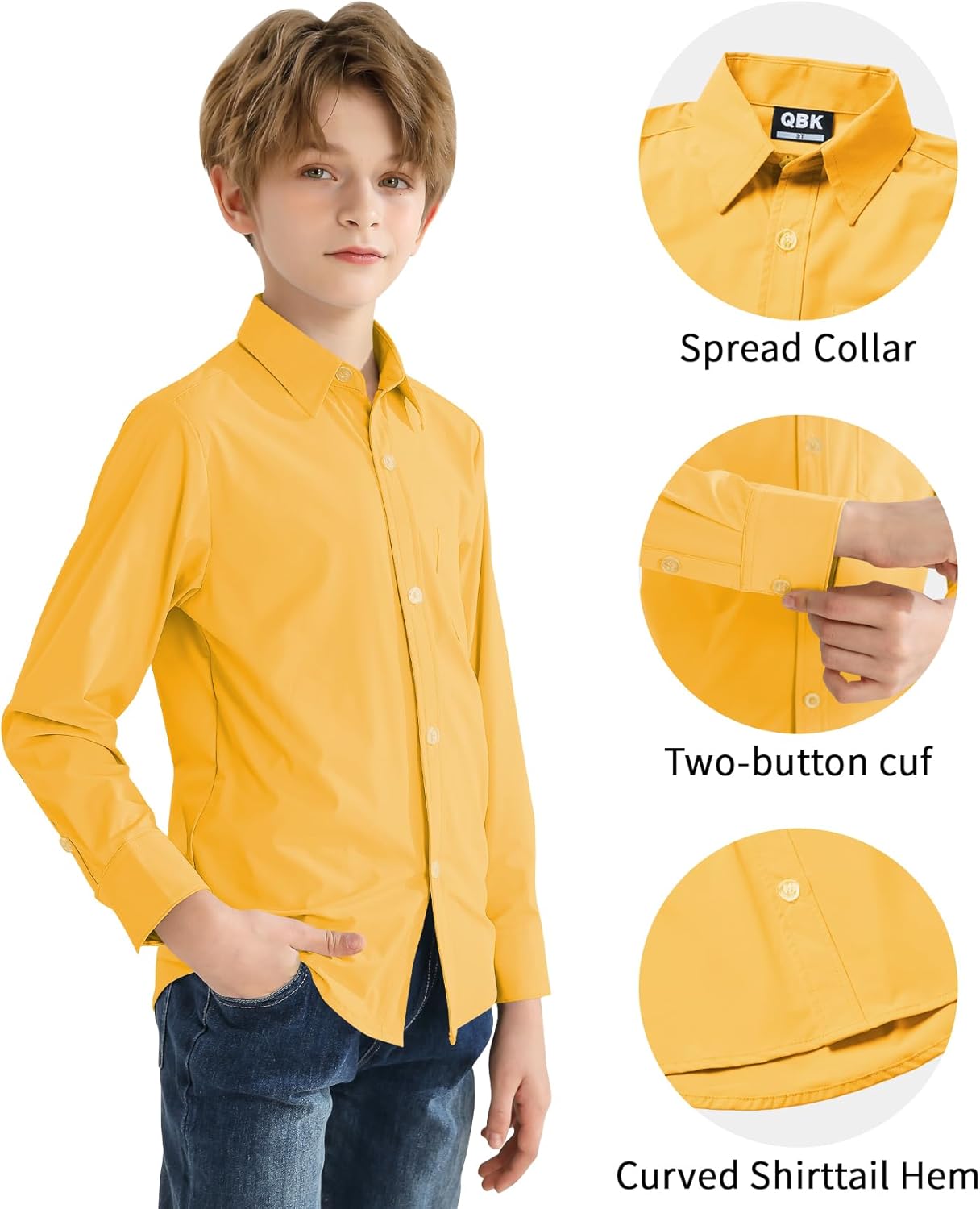 2T-16Y Boys' Stretch Long Sleeve Button Down Toddler Dress Shirt Wrinkle Free Oxford Uniform Shirt with Chest Pocket