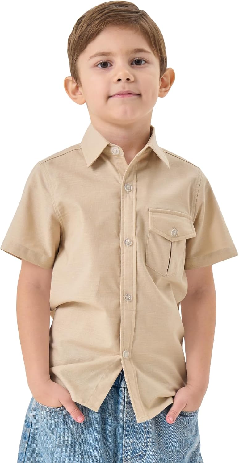 QBK Boys' Cotton Linen Short Sleeve Classic Button Down Shirts Boys Dress Shirt with Chest Pocket for 2T-16 Years