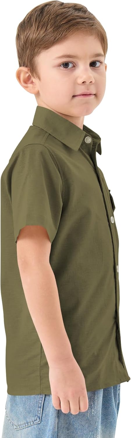 QBK Boys' Cotton Linen Short Sleeve Classic Button Down Shirts Boys Dress Shirt with Chest Pocket for 2T-16 Years