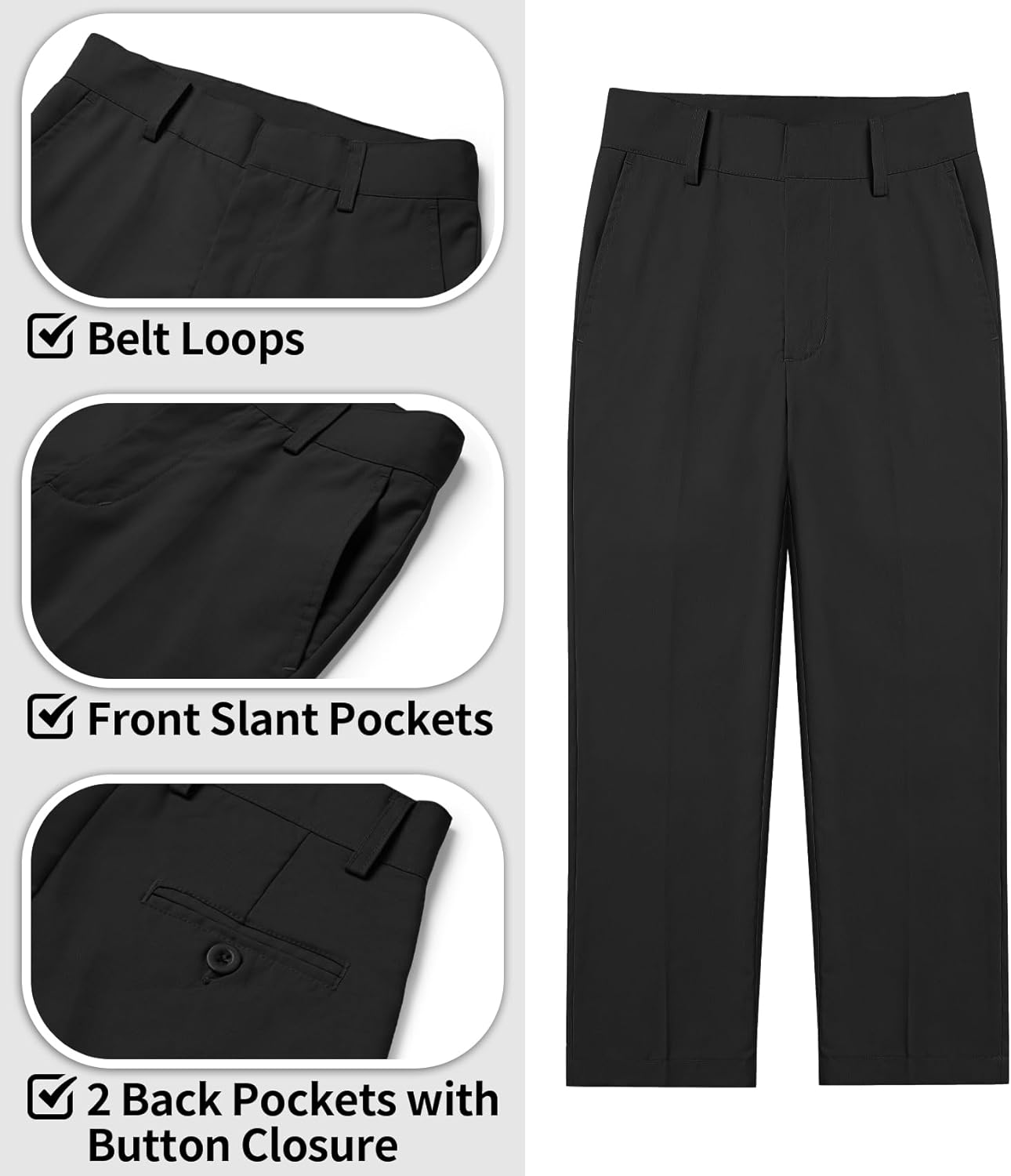 QBK Boys Flat Front Dress Pants Uniform Pants Adjustable Waistband for Toddler to Youth with Pockets