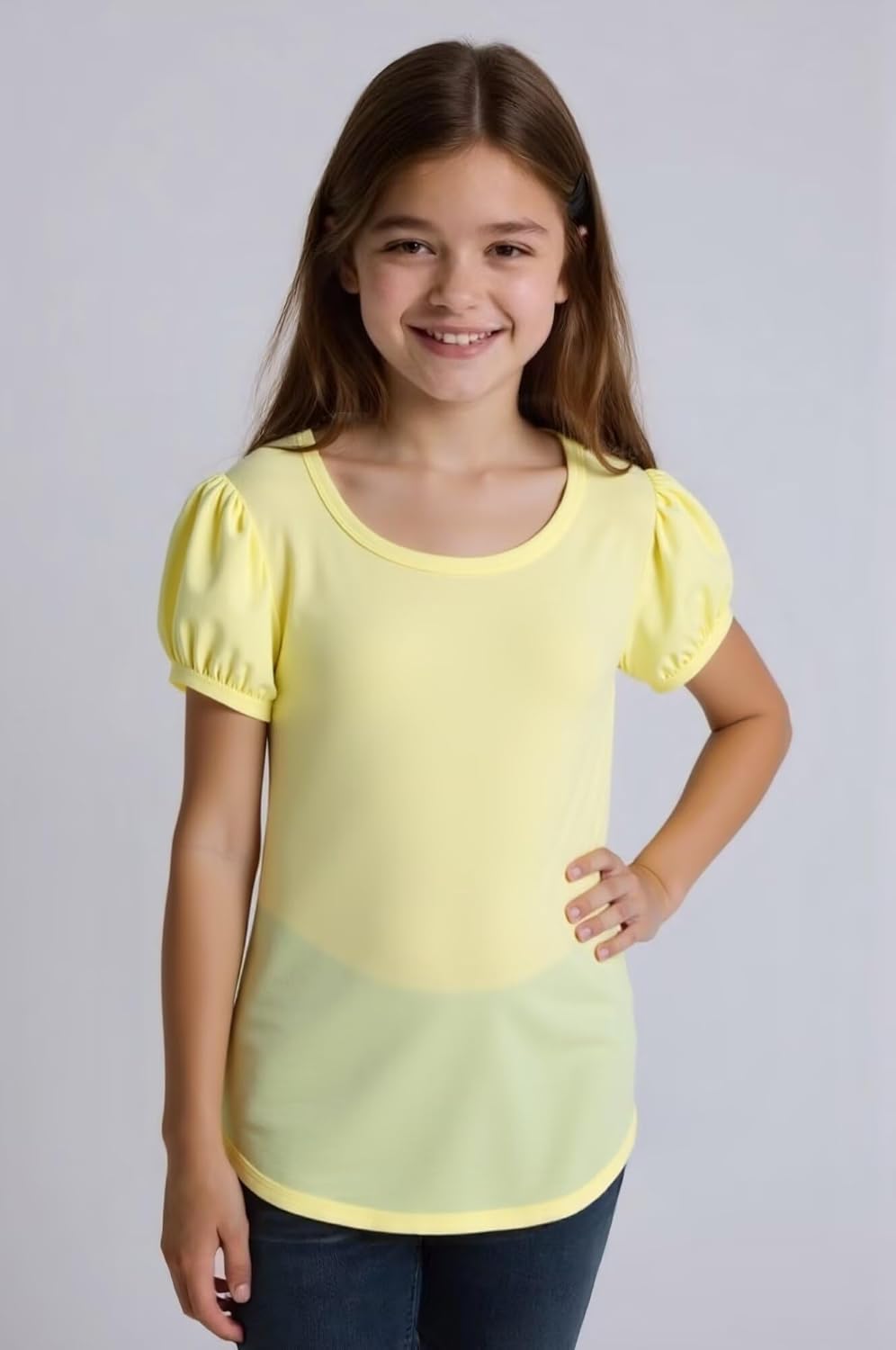 Huata Girls Short Puff Sleeve Tee Basic T-Shirt 2 Packs Crewneck