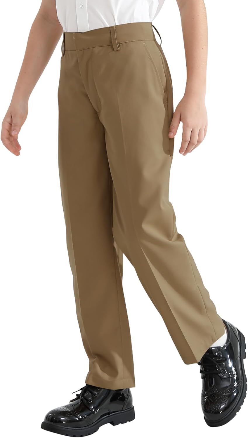 QBK Boys Flat Front Dress Pants Uniform Pants Adjustable Waistband for Toddler to Youth with Pockets