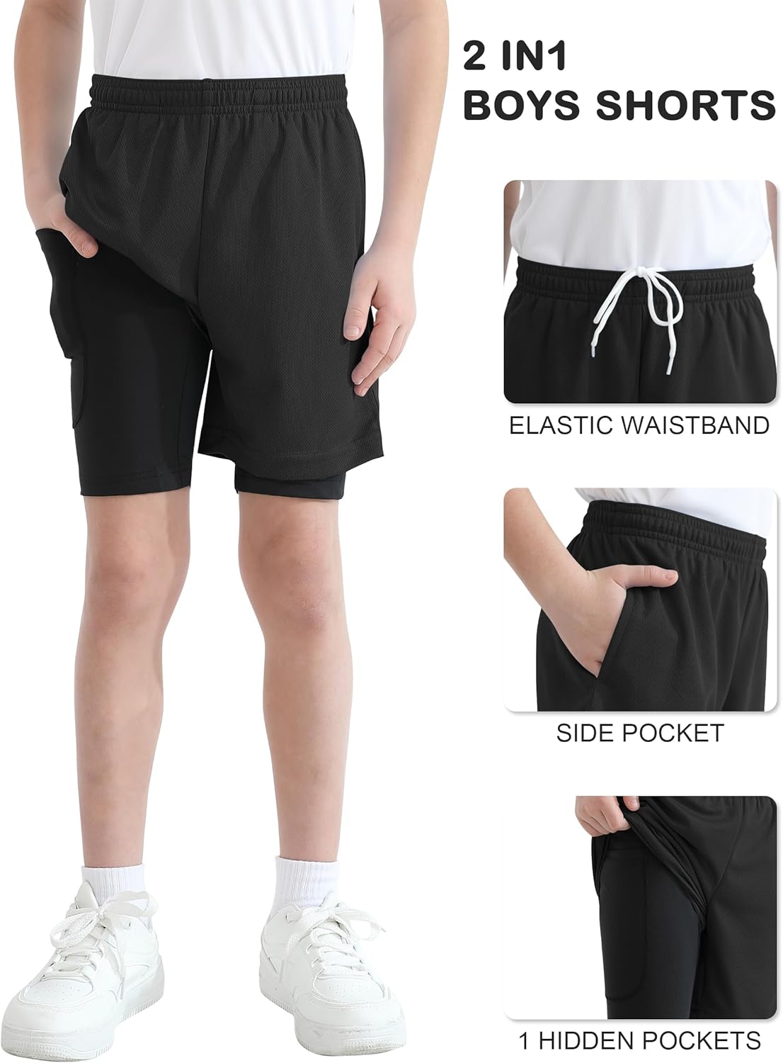 QBK Toddler to Youth Boys 2 in 1 Athletic Shorts Basketball Compression Shorts with Liner for Girls Soccer Running Sports