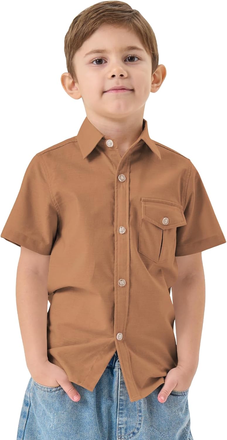 QBK Boys' Cotton Linen Short Sleeve Classic Button Down Shirts Boys Dress Shirt with Chest Pocket for 2T-16 Years